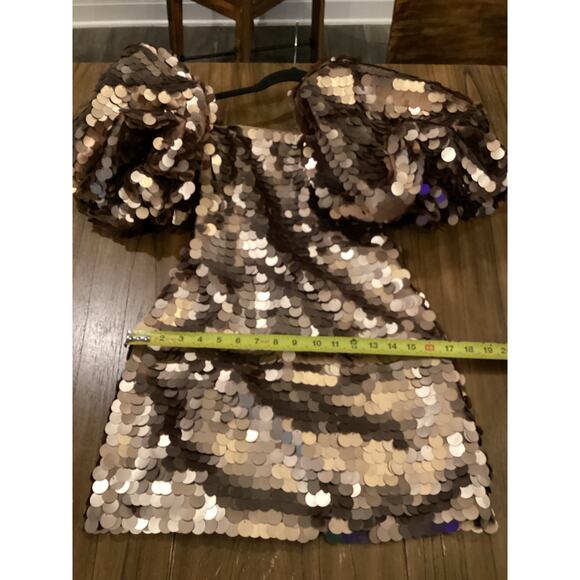 LEO LIN Brenda Gold Brown Sequin Puff Sleeve Statement Piece Mini Dress US 2 NWT - Picture 5 of 11